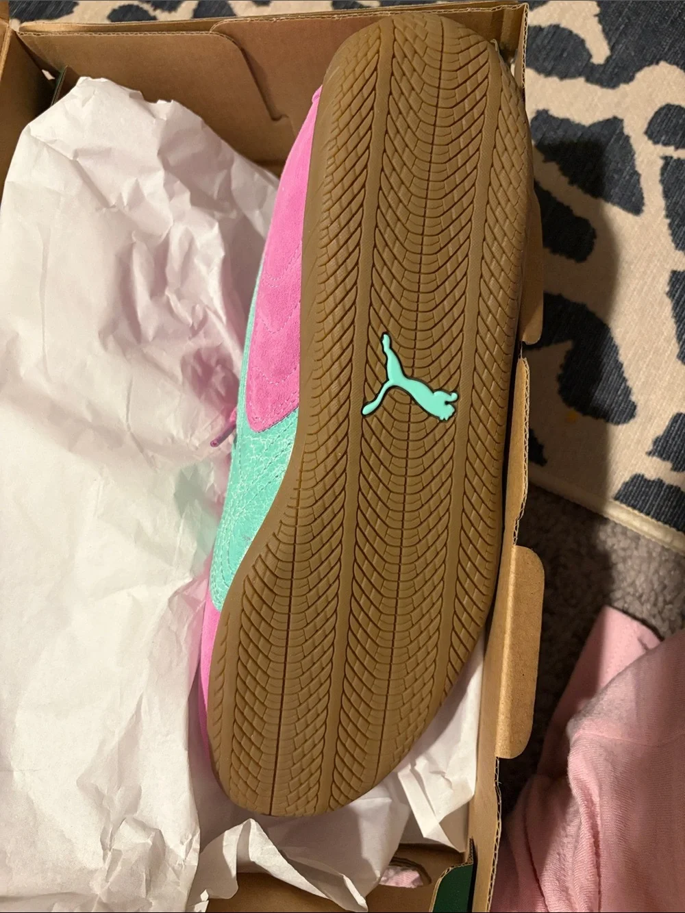 Puma Pink Suede Sneakers with Mint Stripe